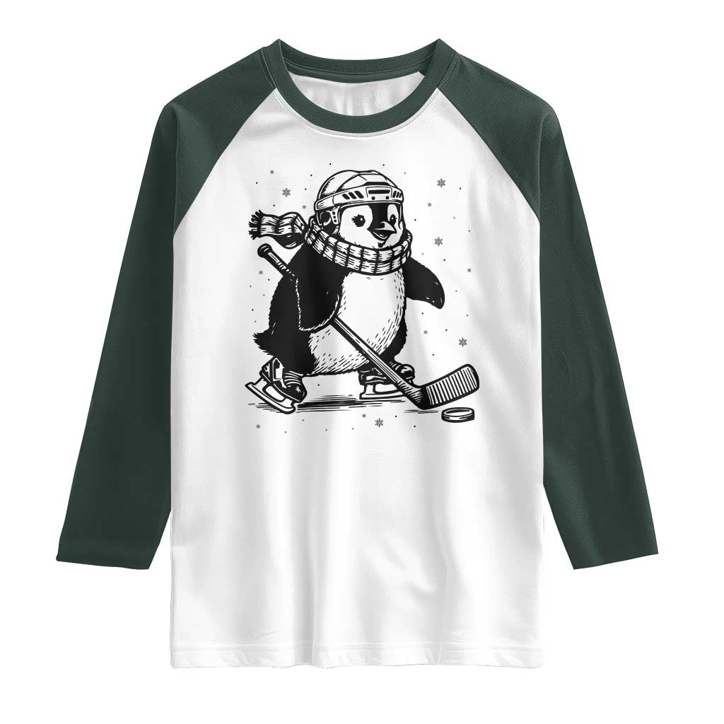 Cute Penguin Playing Ice Hockey Raglan Shirt Funny Sports Lover Gift TS12 White Dark Forest Green Print Your Wear