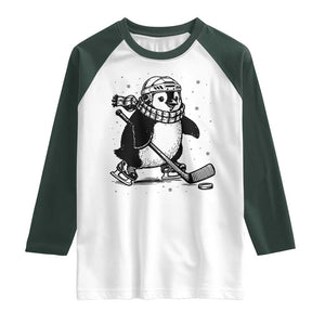 Cute Penguin Playing Ice Hockey Raglan Shirt Funny Sports Lover Gift TS12 White Dark Forest Green Print Your Wear