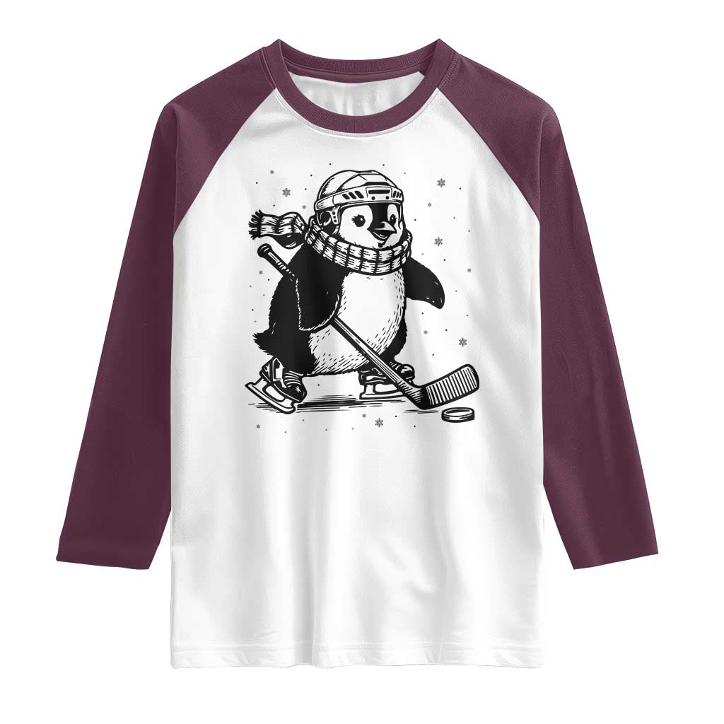 Cute Penguin Playing Ice Hockey Raglan Shirt Funny Sports Lover Gift TS12 White Maroon Print Your Wear