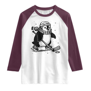 Cute Penguin Playing Ice Hockey Raglan Shirt Funny Sports Lover Gift TS12 White Maroon Print Your Wear