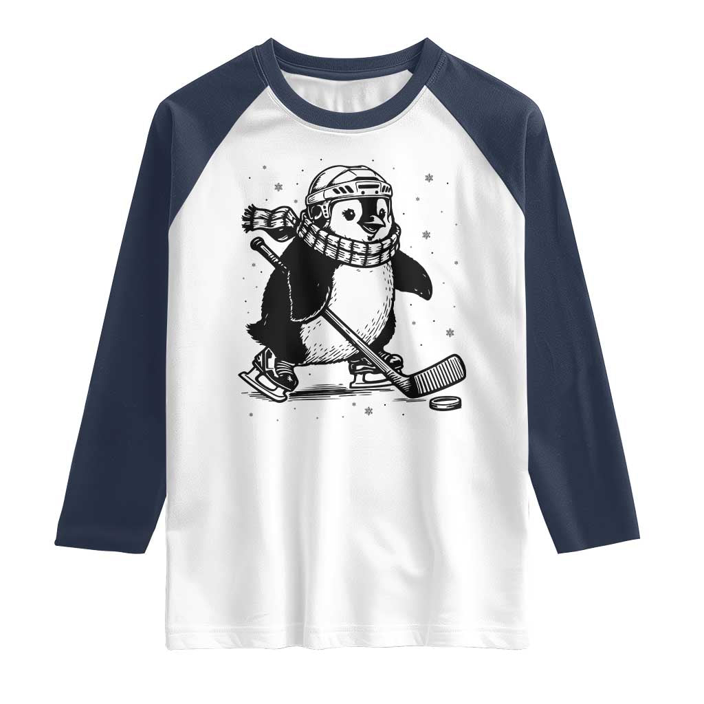 Cute Penguin Playing Ice Hockey Raglan Shirt Funny Sports Lover Gift TS12 White Navy Print Your Wear