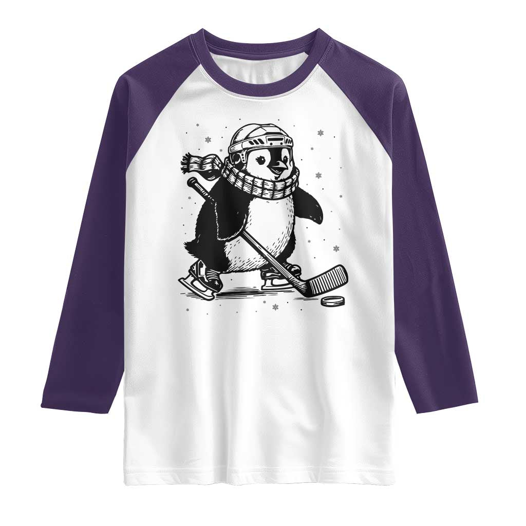 Cute Penguin Playing Ice Hockey Raglan Shirt Funny Sports Lover Gift TS12 White Purple Print Your Wear