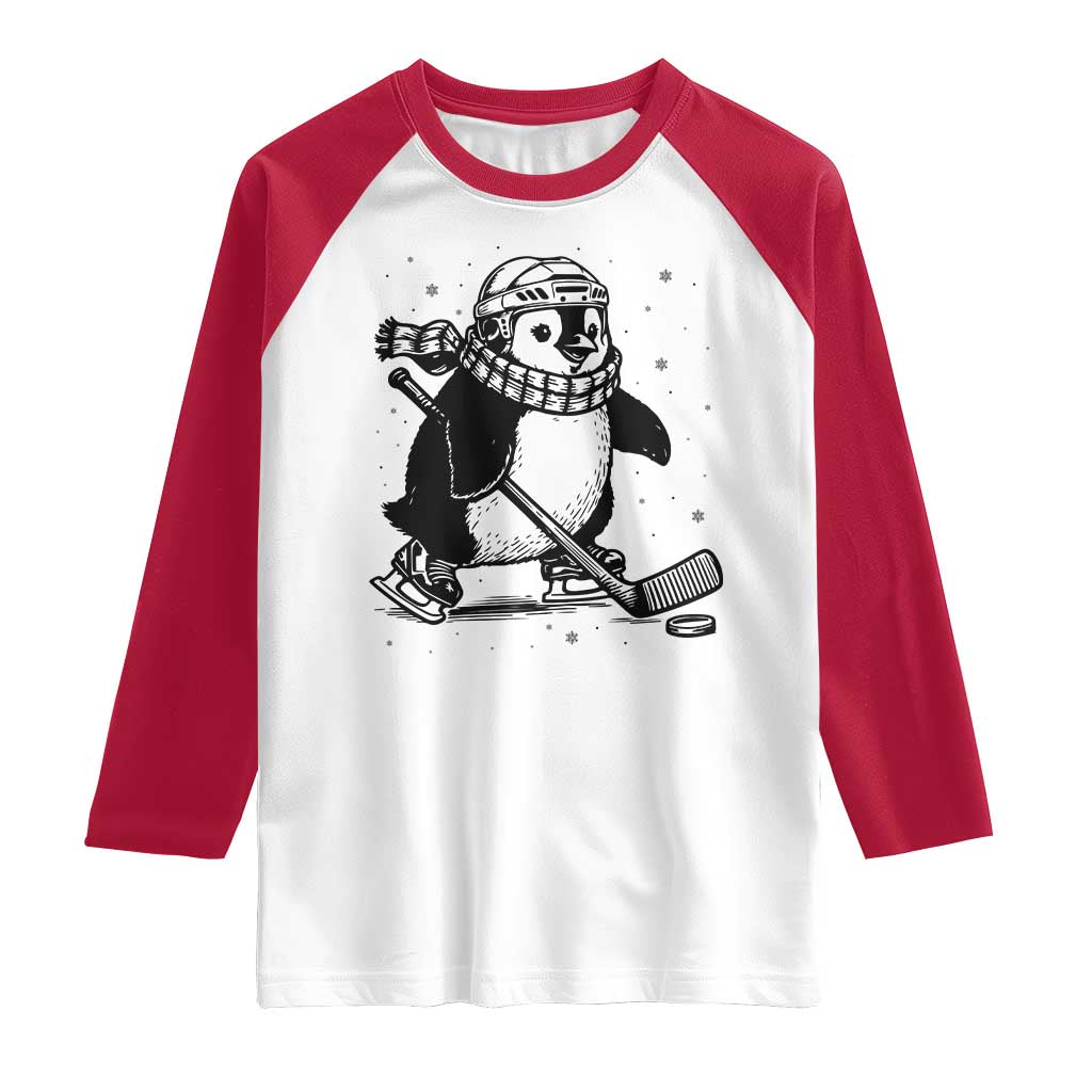 Cute Penguin Playing Ice Hockey Raglan Shirt Funny Sports Lover Gift TS12 White Red Print Your Wear