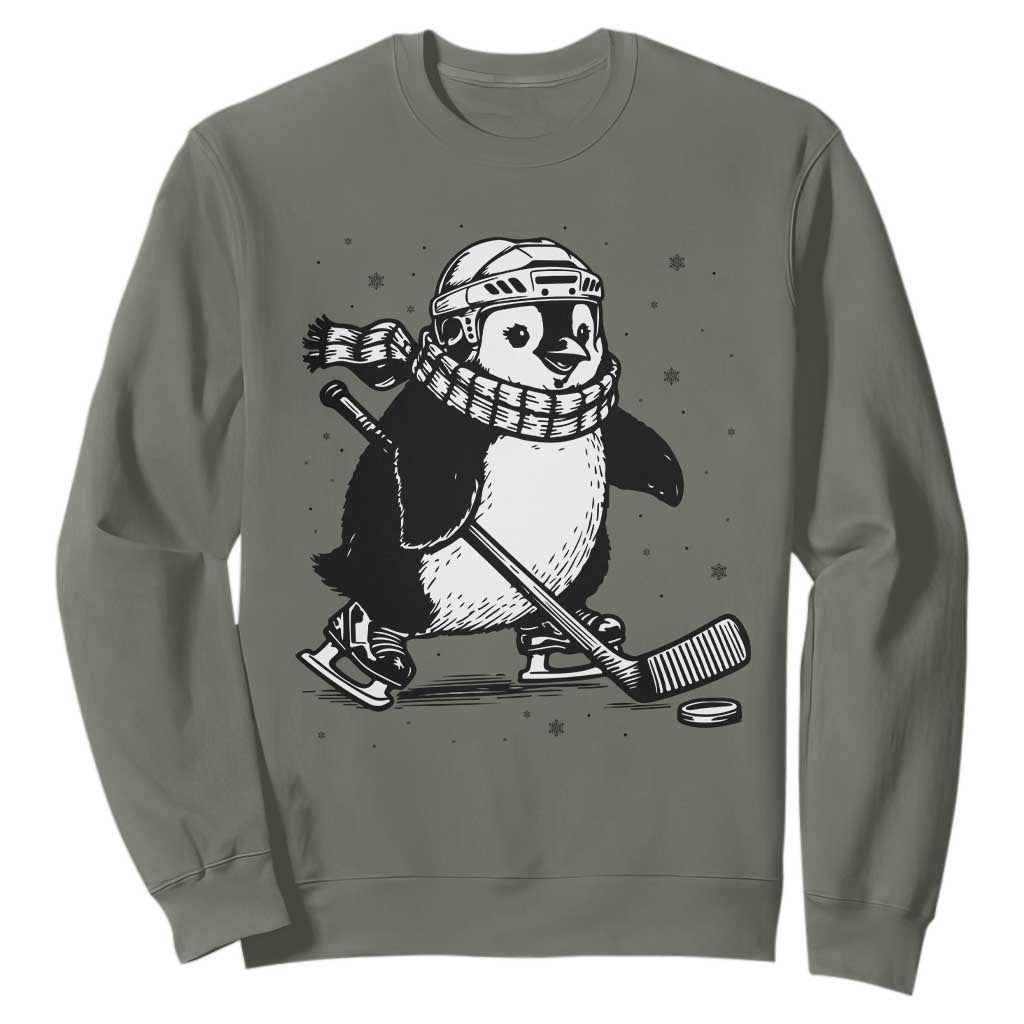 Cute Penguin Playing Ice Hockey Sweatshirt Funny Sports Lover Gift TS12 Military Green Print Your Wear