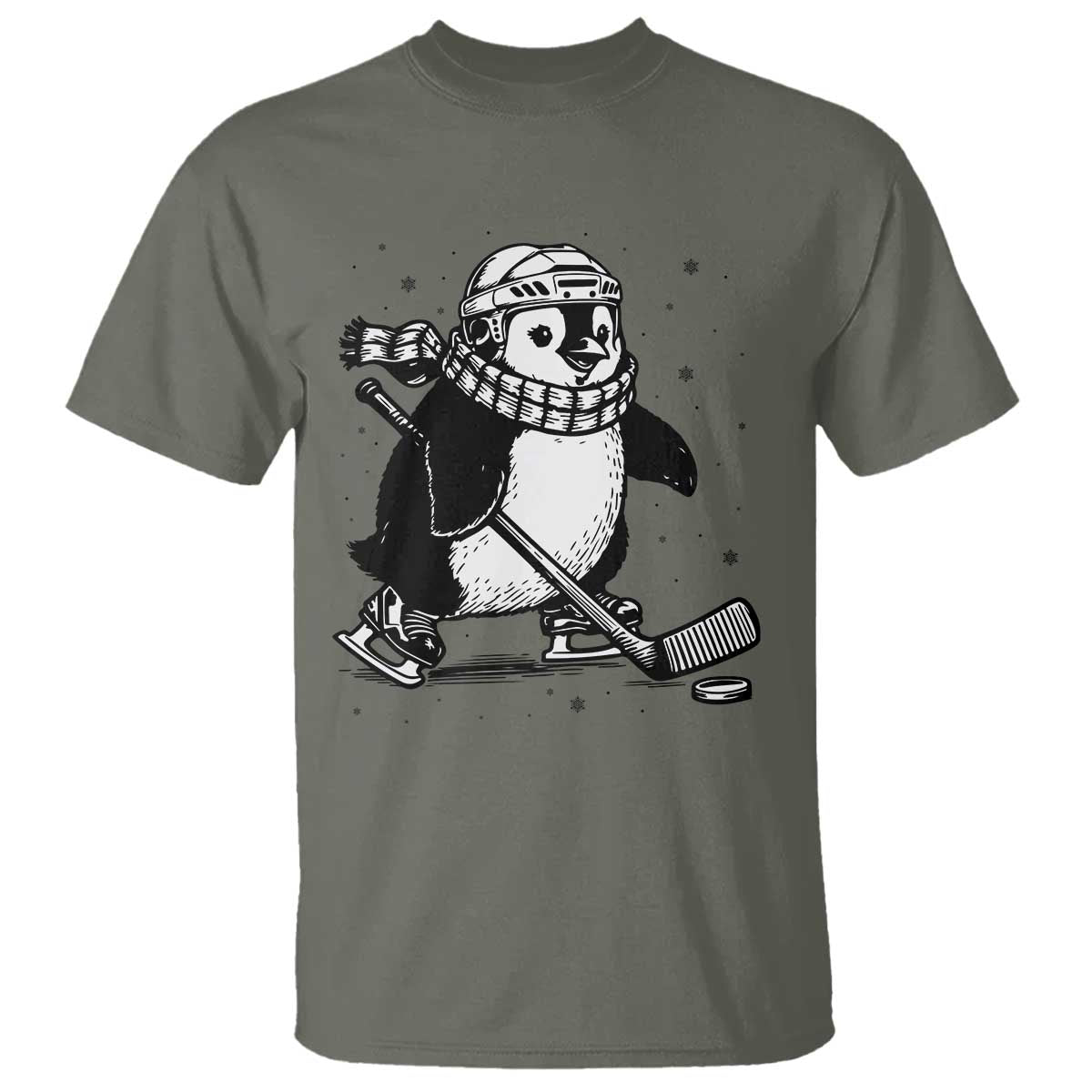 Cute Penguin Playing Ice Hockey T Shirt Funny Sports Lover Gift TS12 Military Green Print Your Wear