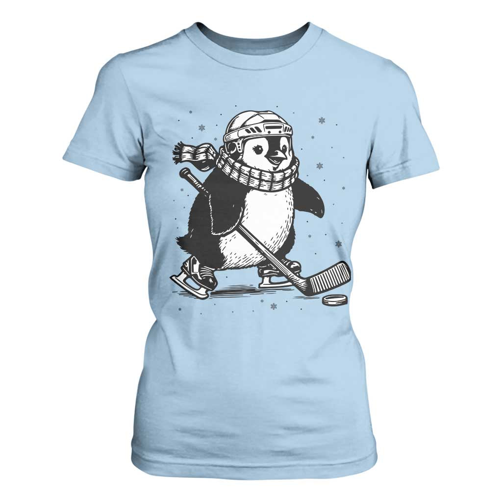 Cute Penguin Playing Ice Hockey T Shirt For Women Funny Sports Lover Gift TS12 Light Blue Print Your Wear
