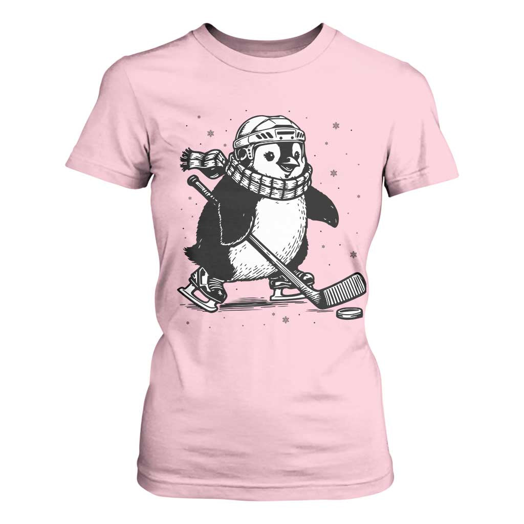 Cute Penguin Playing Ice Hockey T Shirt For Women Funny Sports Lover Gift TS12 Light Pink Print Your Wear