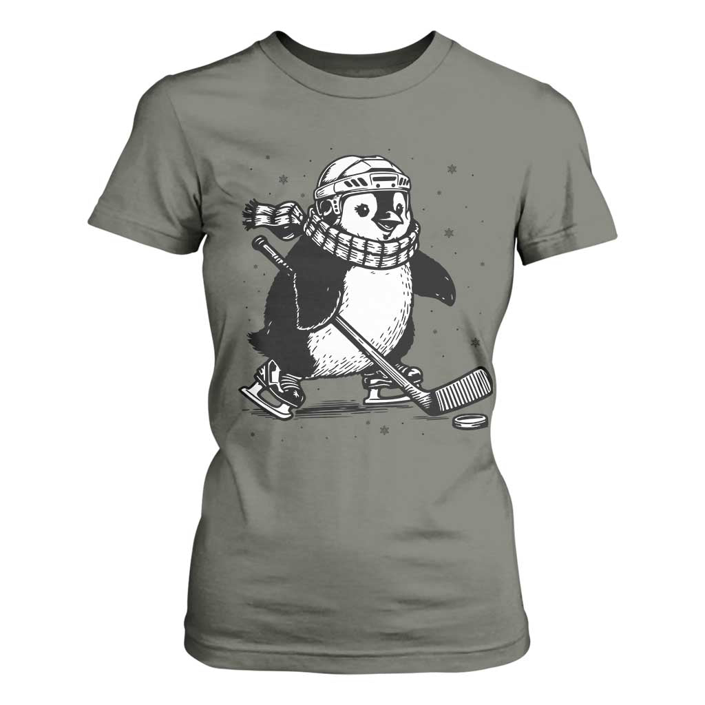 Cute Penguin Playing Ice Hockey T Shirt For Women Funny Sports Lover Gift TS12 Military Green Print Your Wear