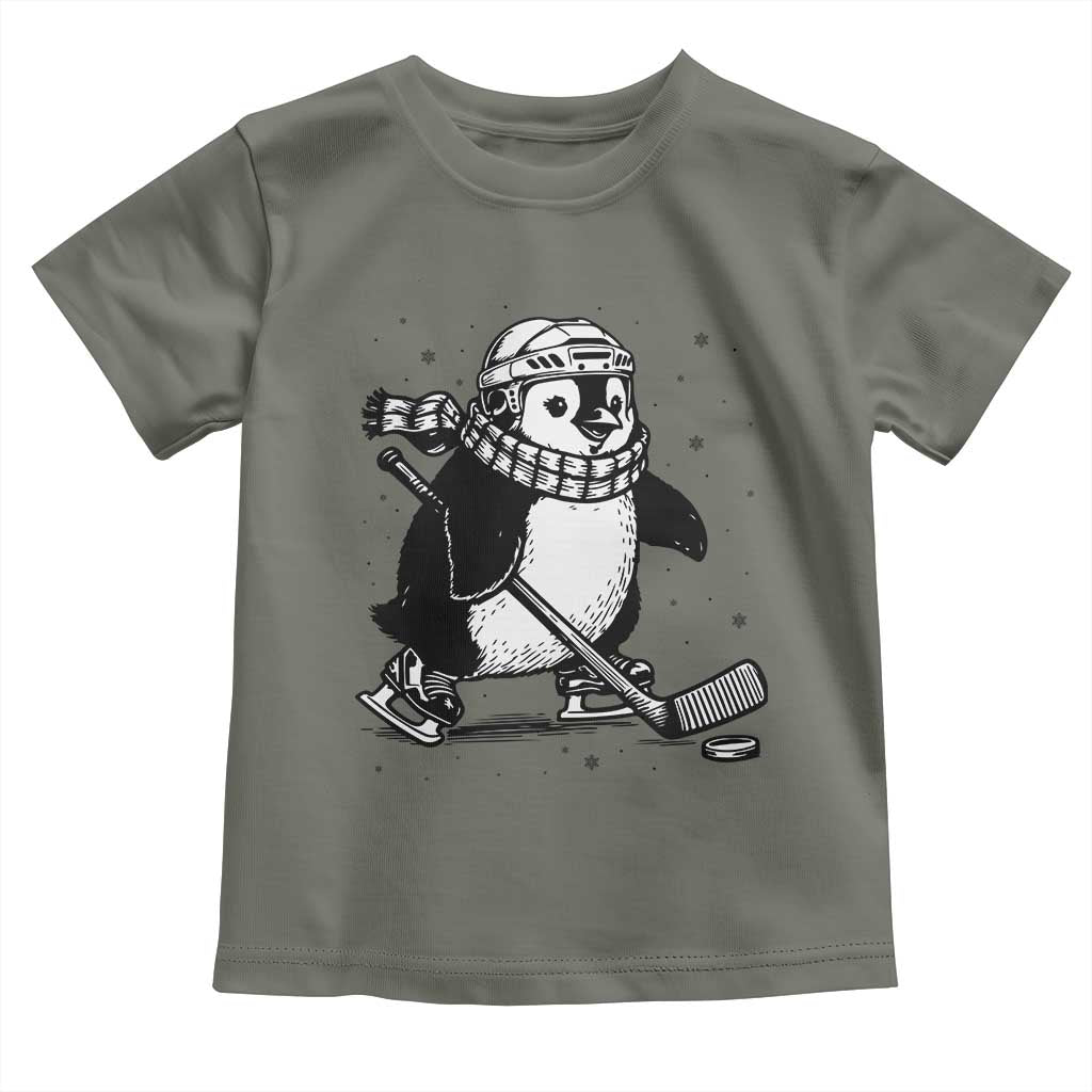 Cute Penguin Playing Ice Hockey Toddler T Shirt Funny Sports Lover Gift TS12 Military Green Print Your Wear