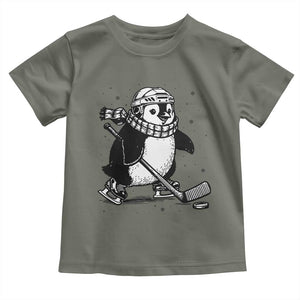 Cute Penguin Playing Ice Hockey Toddler T Shirt Funny Sports Lover Gift TS12 Military Green Print Your Wear