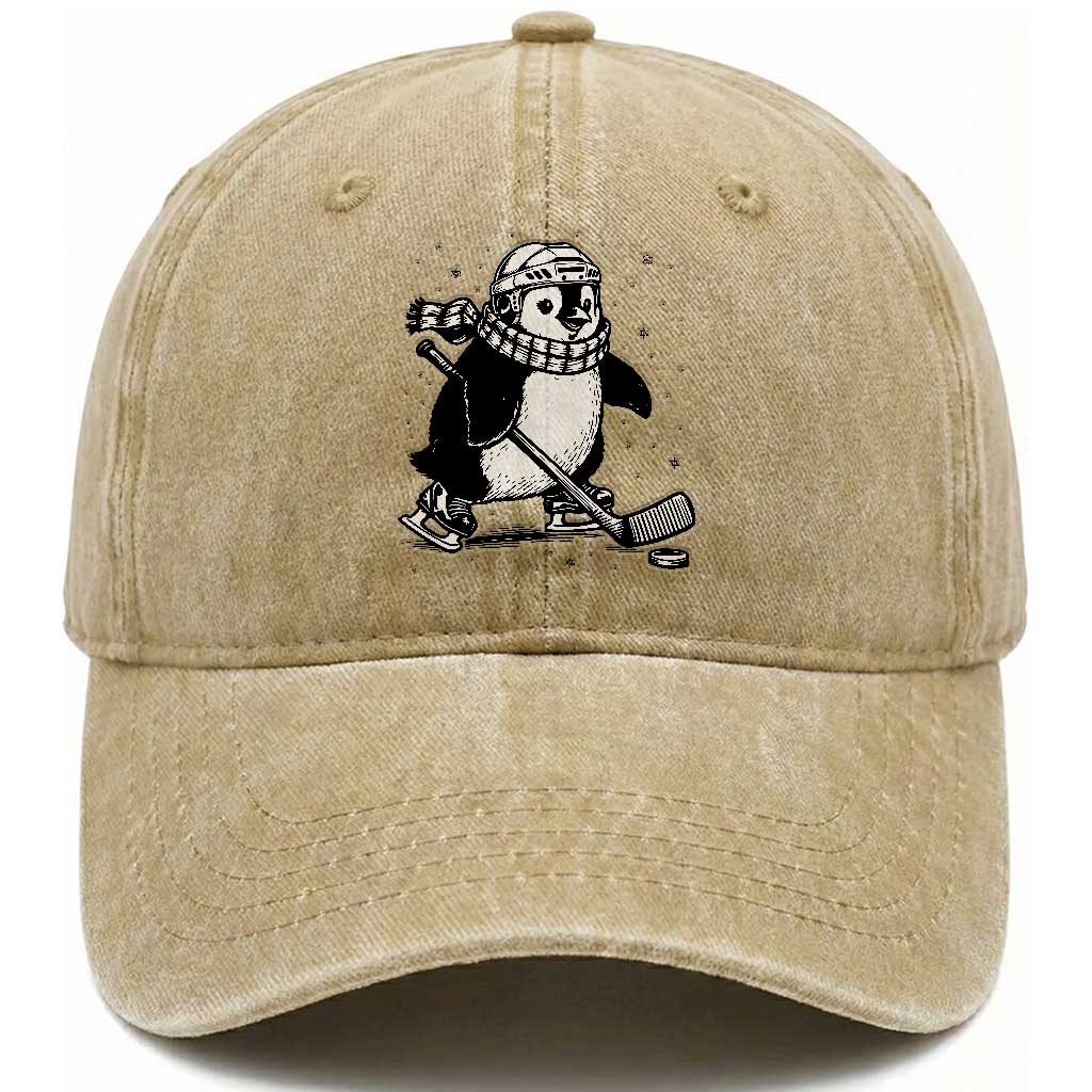 Cute Penguin Playing Ice Hockey Washed Cotton Baseball Cap Funny Sports Lover Gift TS12 Print Your Wear