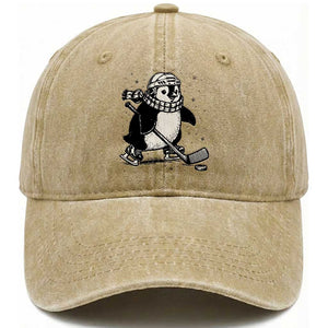 Cute Penguin Playing Ice Hockey Washed Cotton Baseball Cap Funny Sports Lover Gift TS12 Print Your Wear