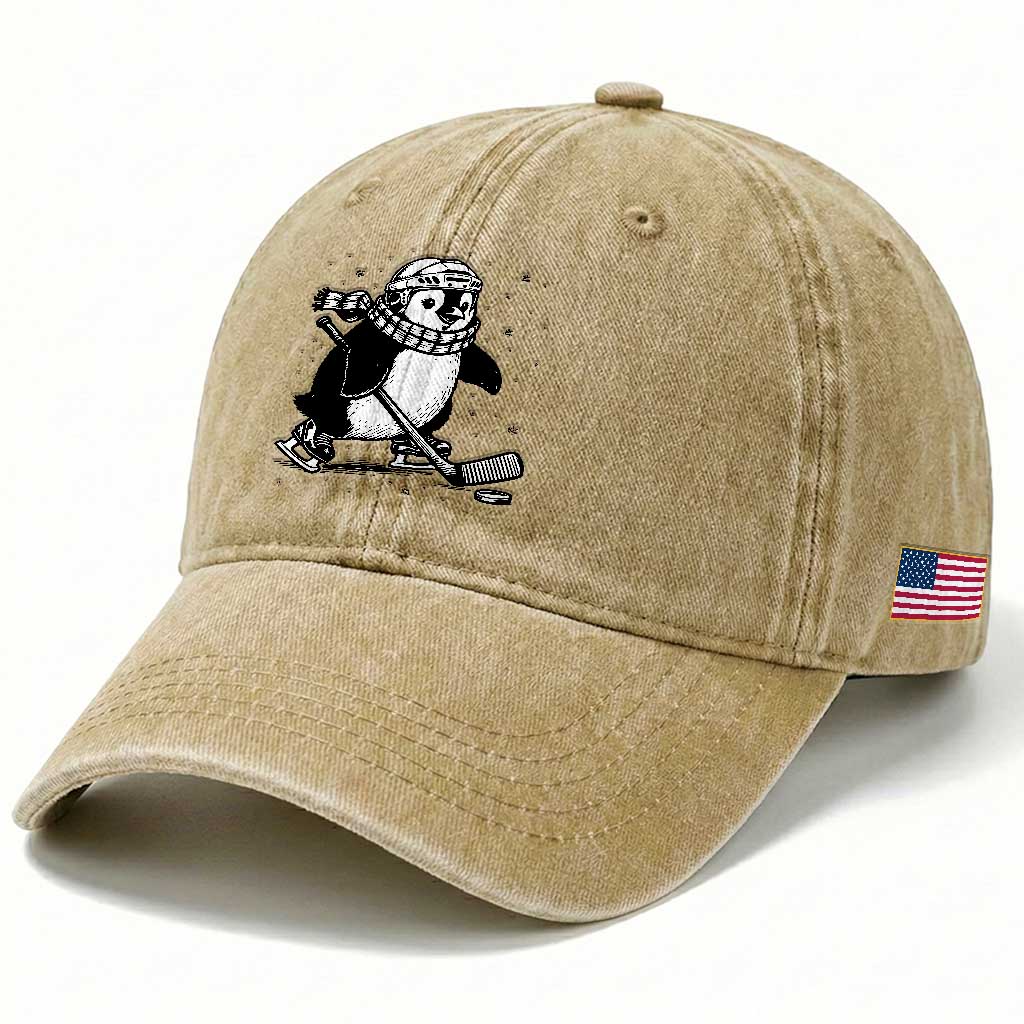 Cute Penguin Playing Ice Hockey Washed Cotton Baseball Cap Funny Sports Lover Gift TS12 Print Your Wear