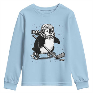 Cute Penguin Playing Ice Hockey Youth Sweatshirt Funny Sports Lover Gift TS12 Light Blue Print Your Wear