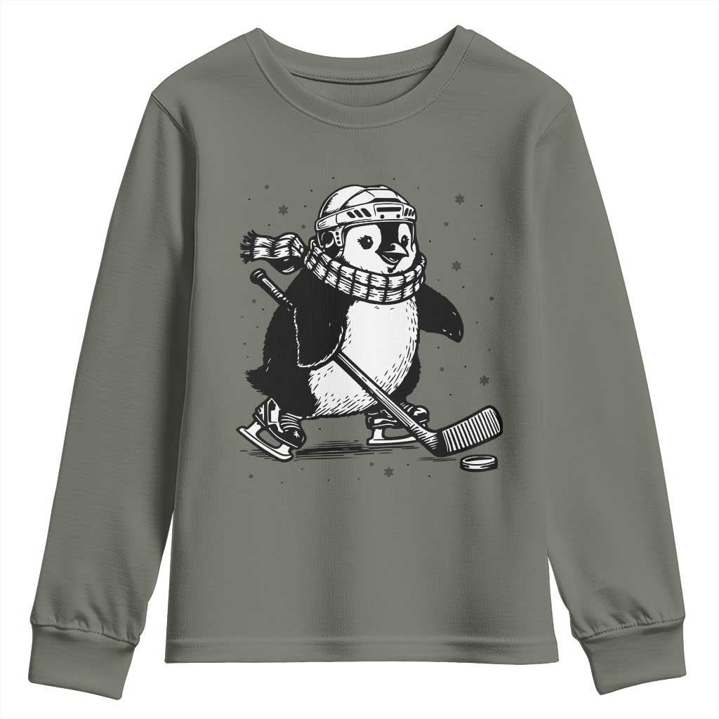 Cute Penguin Playing Ice Hockey Youth Sweatshirt Funny Sports Lover Gift TS12 Military Green Print Your Wear