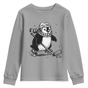 Cute Penguin Playing Ice Hockey Youth Sweatshirt Funny Sports Lover Gift TS12 Sport Gray Print Your Wear