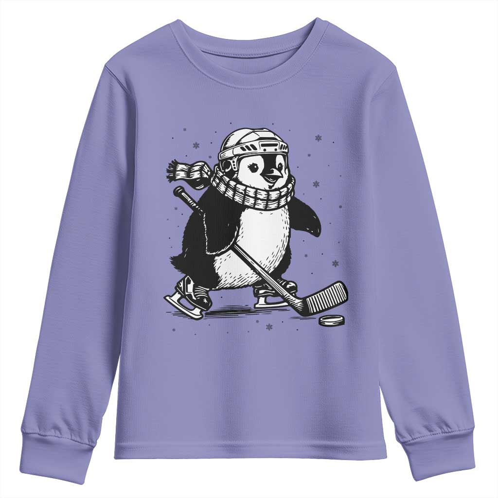 Cute Penguin Playing Ice Hockey Youth Sweatshirt Funny Sports Lover Gift TS12 Violet Print Your Wear