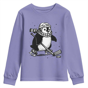 Cute Penguin Playing Ice Hockey Youth Sweatshirt Funny Sports Lover Gift TS12 Violet Print Your Wear