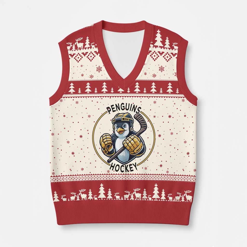 Funny Penguin Hockey Player V-Neck Knit Sweater Vest Gift For Animal Lovers TS12 Beige Red Print Your Wear