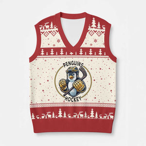 Funny Penguin Hockey Player V-Neck Knit Sweater Vest Gift For Animal Lovers TS12 Beige Red Print Your Wear