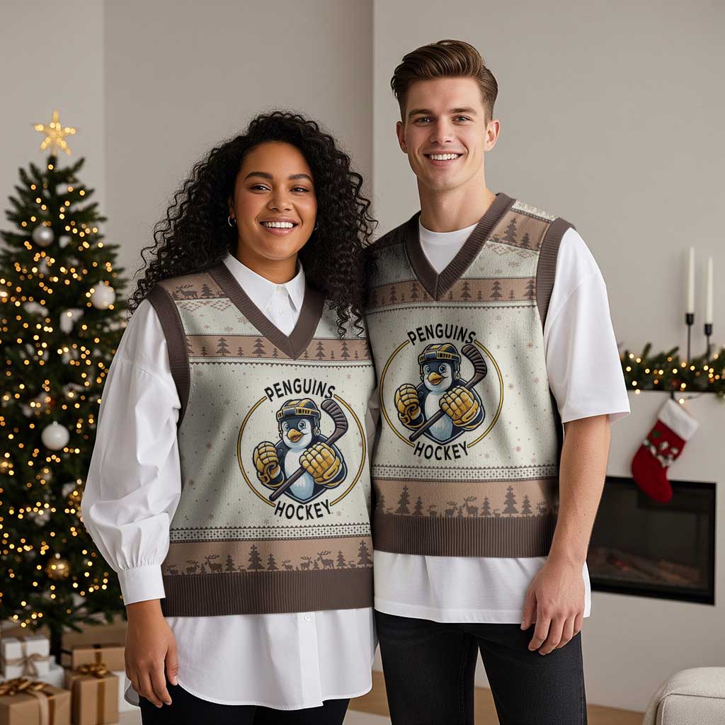 Funny Penguin Hockey Player V-Neck Knit Sweater Vest Gift For Animal Lovers TS12 Mocha Mousse Print Your Wear
