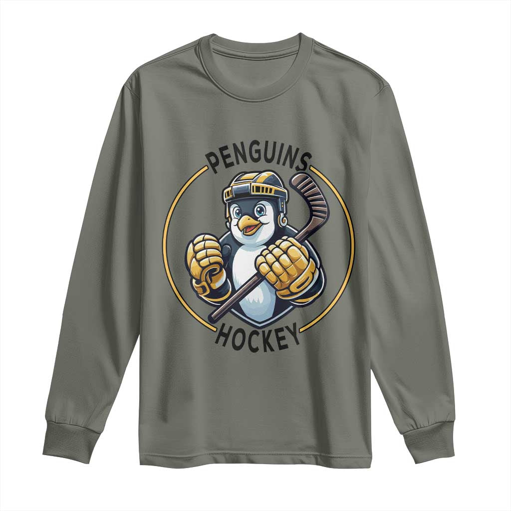 Funny Penguin Hockey Player Long Sleeve Shirt Gift For Animal Lovers TS12 Military Green Print Your Wear