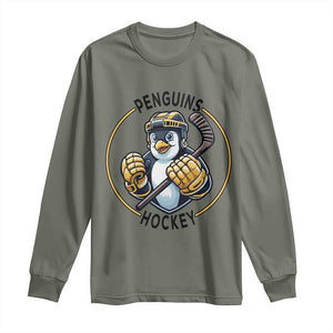 Funny Penguin Hockey Player Long Sleeve Shirt Gift For Animal Lovers TS12 Military Green Print Your Wear