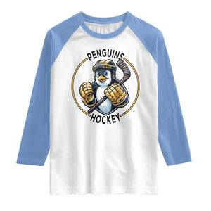 Funny Penguin Hockey Player Raglan Shirt Gift For Animal Lovers TS12 White Carolina Blue Print Your Wear