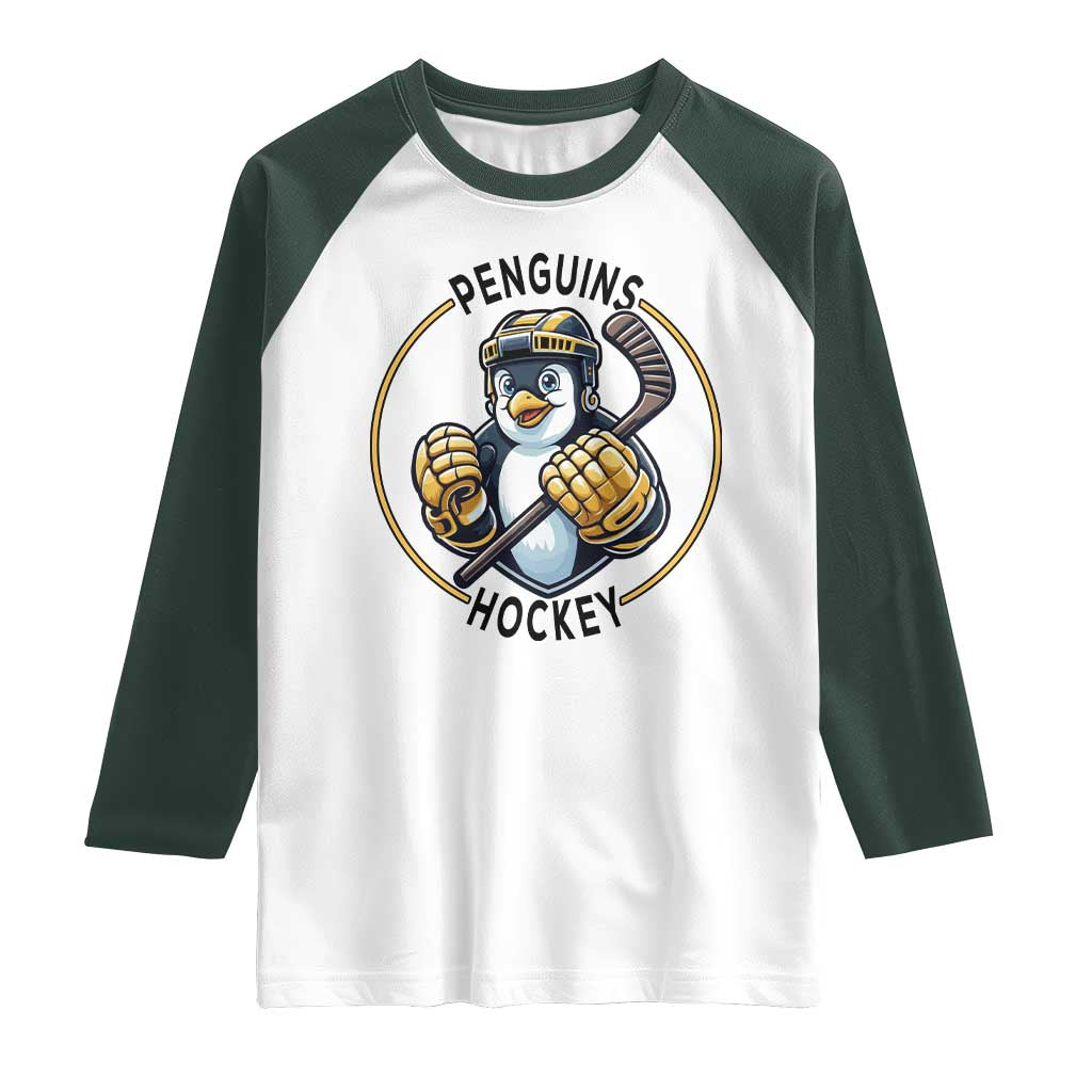 Funny Penguin Hockey Player Raglan Shirt Gift For Animal Lovers TS12 White Dark Forest Green Print Your Wear