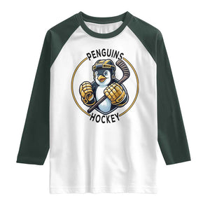 Funny Penguin Hockey Player Raglan Shirt Gift For Animal Lovers TS12 White Dark Forest Green Print Your Wear