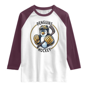 Funny Penguin Hockey Player Raglan Shirt Gift For Animal Lovers TS12 White Maroon Print Your Wear