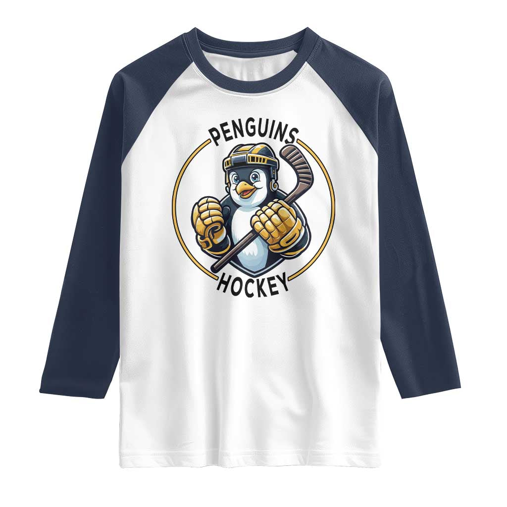 Funny Penguin Hockey Player Raglan Shirt Gift For Animal Lovers TS12 White Navy Print Your Wear