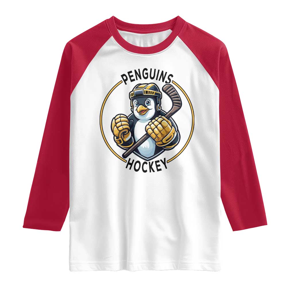 Funny Penguin Hockey Player Raglan Shirt Gift For Animal Lovers TS12 White Red Print Your Wear