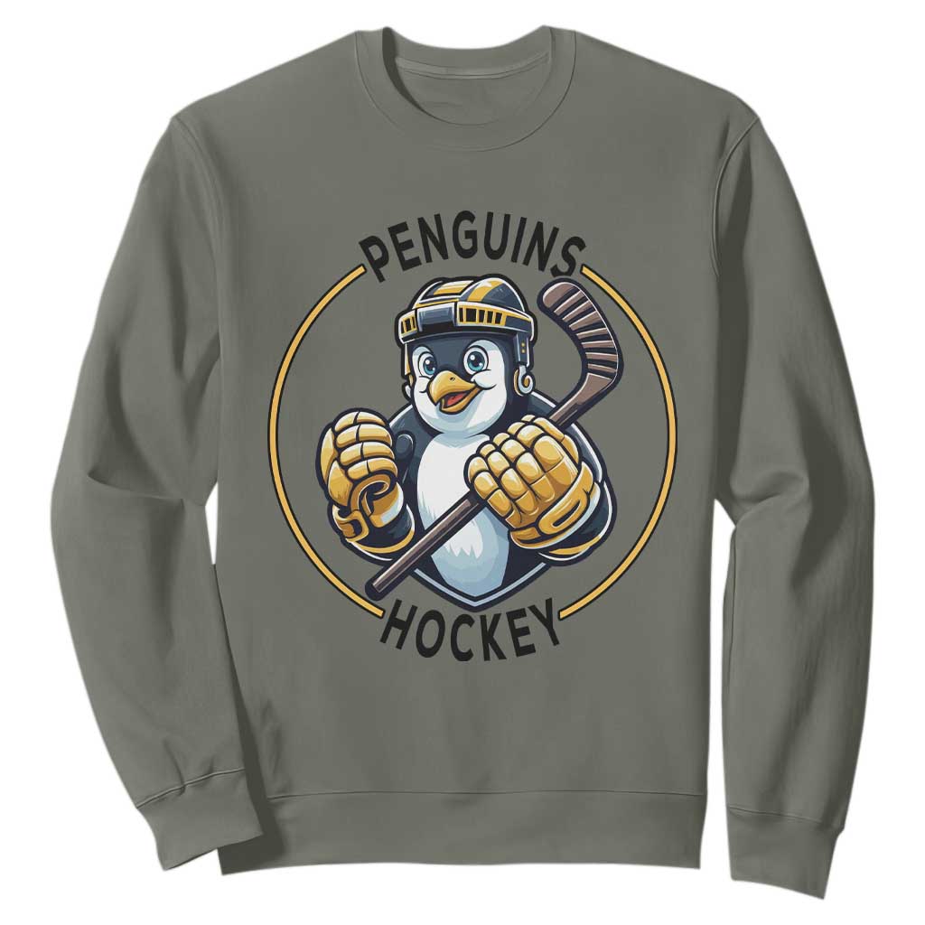Funny Penguin Hockey Player Sweatshirt Gift For Animal Lovers TS12 Military Green Print Your Wear