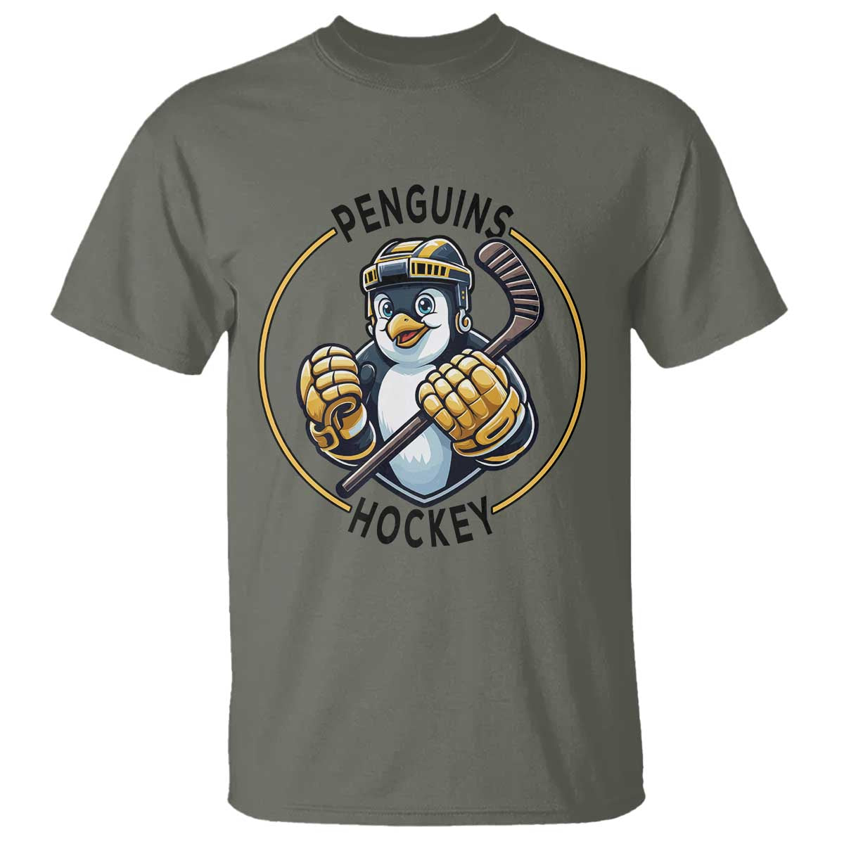 Funny Penguin Hockey Player T Shirt Gift For Animal Lovers TS12 Military Green Print Your Wear