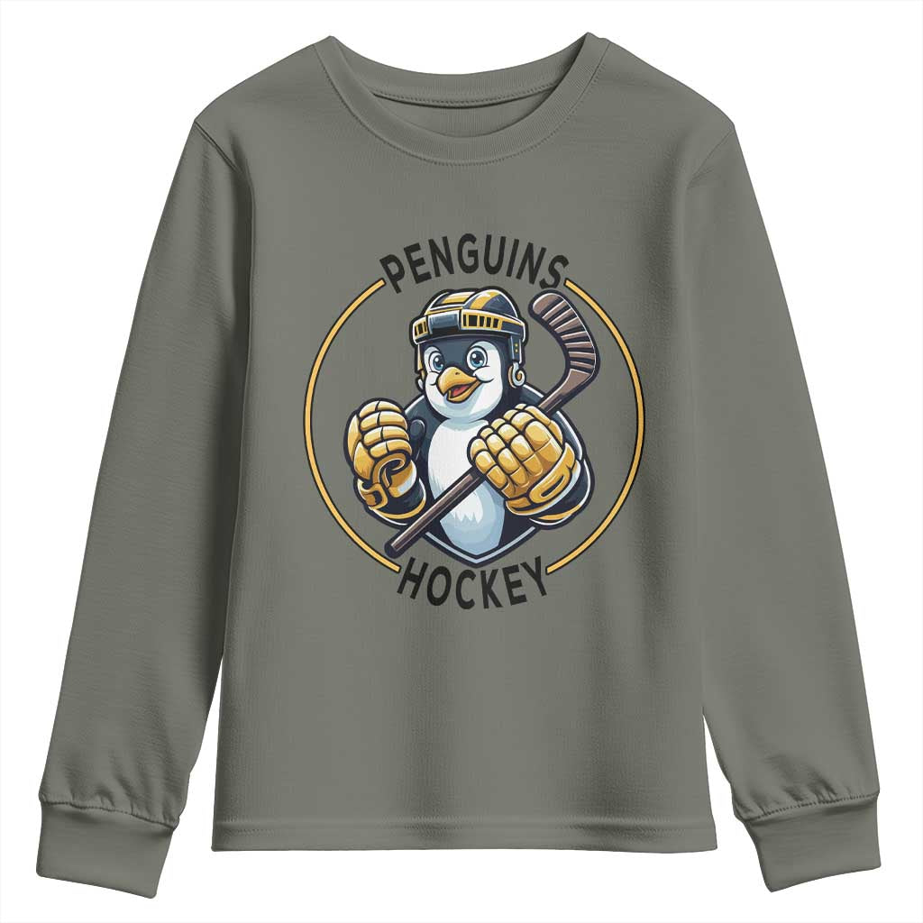 Funny Penguin Hockey Player Youth Sweatshirt Gift For Animal Lovers TS12 Military Green Print Your Wear