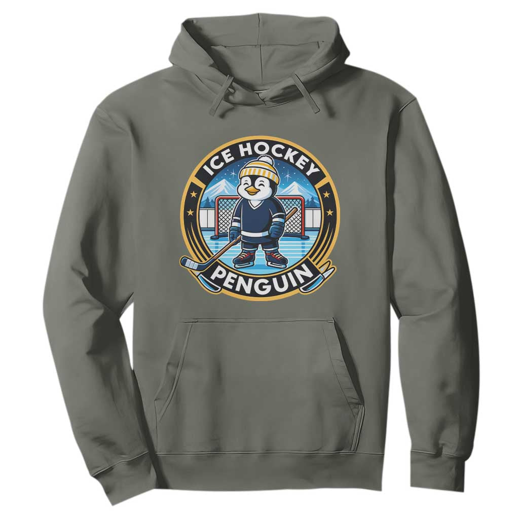 Funny Penguin Hockey Player Hoodie Sports Fan Gift TS12 Military Green Print Your Wear