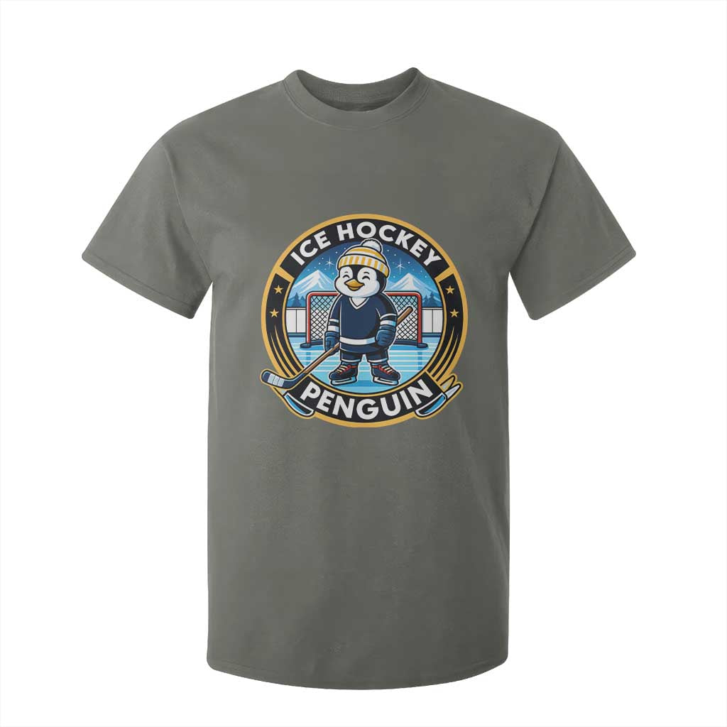 Funny Penguin Hockey Player T Shirt For Kid Sports Fan Gift TS12 Military Green Print Your Wear