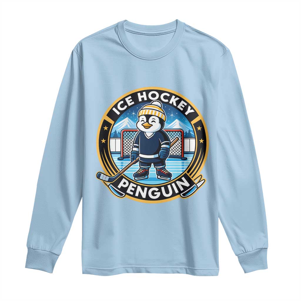 Funny Penguin Hockey Player Long Sleeve Shirt Sports Fan Gift TS12 Light Blue Print Your Wear
