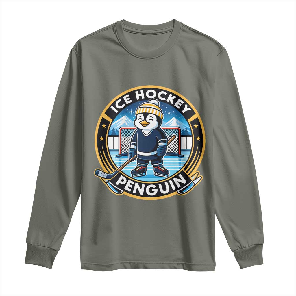 Funny Penguin Hockey Player Long Sleeve Shirt Sports Fan Gift TS12 Military Green Print Your Wear