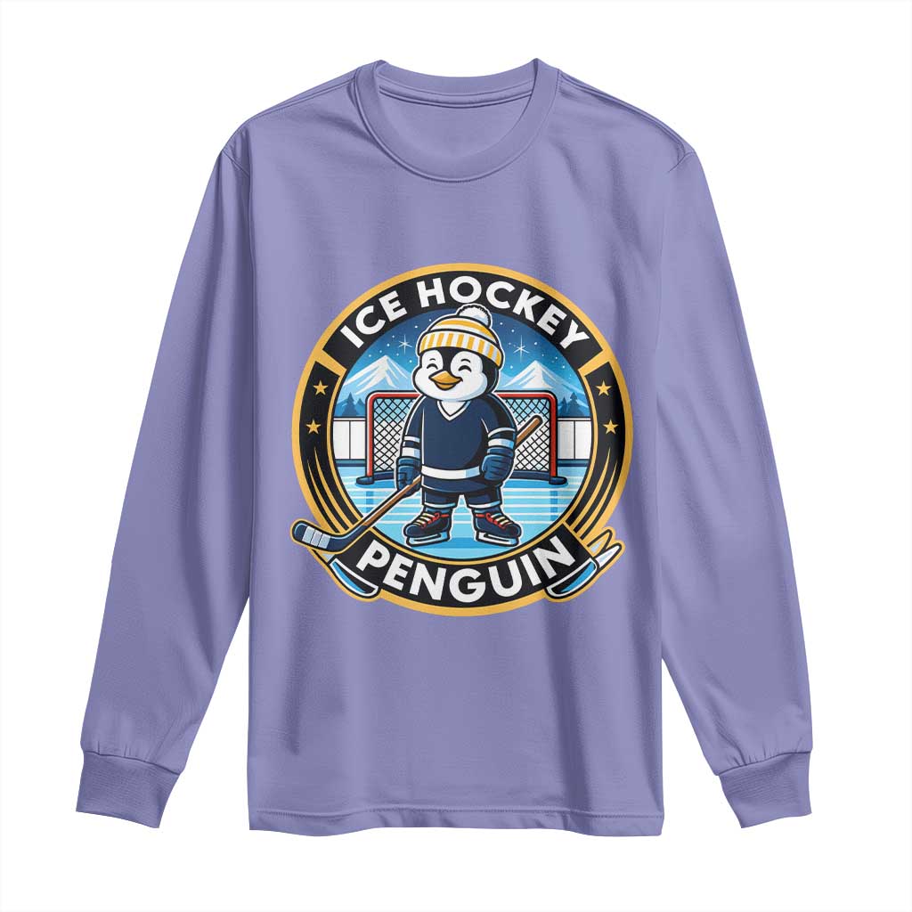 Funny Penguin Hockey Player Long Sleeve Shirt Sports Fan Gift TS12 Violet Print Your Wear