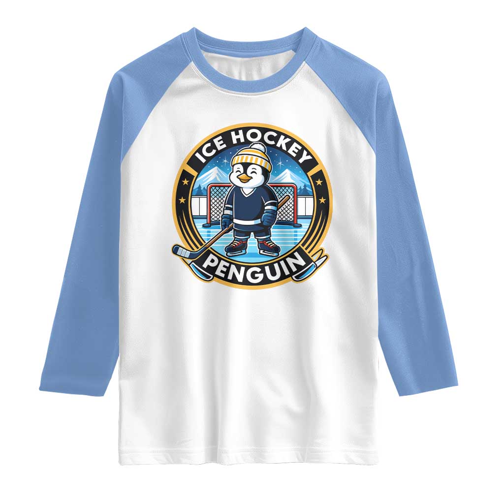 Funny Penguin Hockey Player Raglan Shirt Sports Fan Gift TS12 White Carolina Blue Print Your Wear