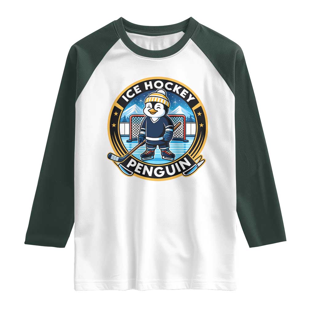 Funny Penguin Hockey Player Raglan Shirt Sports Fan Gift TS12 White Dark Forest Green Print Your Wear