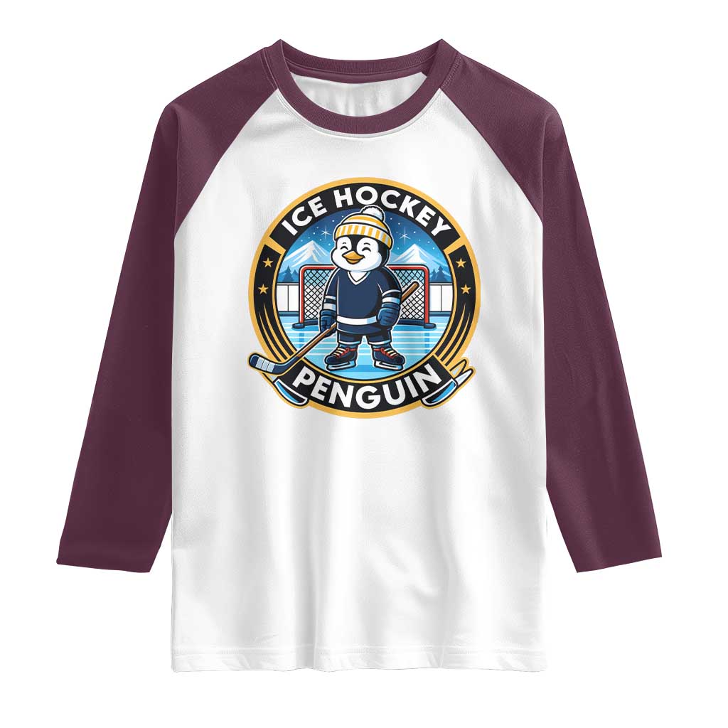 Funny Penguin Hockey Player Raglan Shirt Sports Fan Gift TS12 White Maroon Print Your Wear