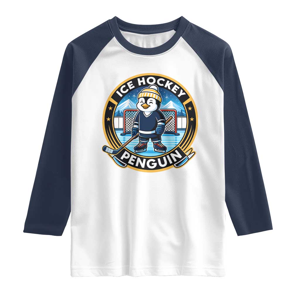 Funny Penguin Hockey Player Raglan Shirt Sports Fan Gift TS12 White Navy Print Your Wear