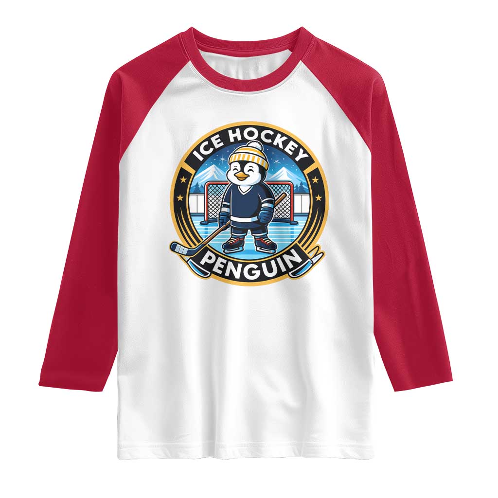 Funny Penguin Hockey Player Raglan Shirt Sports Fan Gift TS12 White Red Print Your Wear