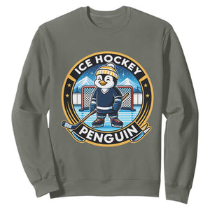 Funny Penguin Hockey Player Sweatshirt Sports Fan Gift TS12 Military Green Print Your Wear