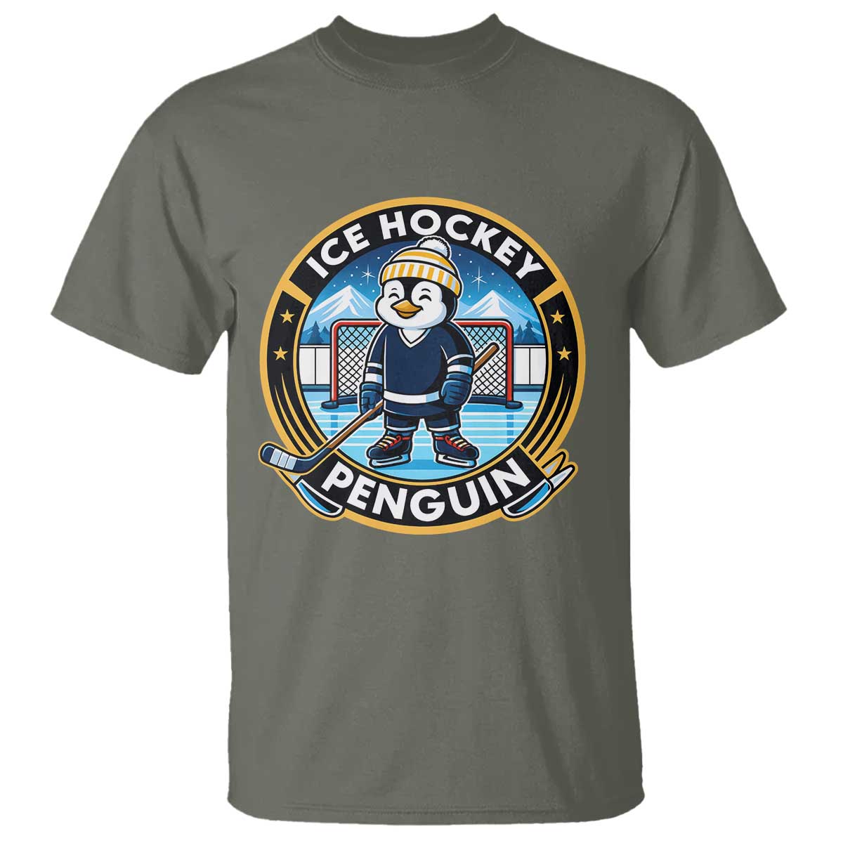 Funny Penguin Hockey Player T Shirt Sports Fan Gift TS12 Military Green Print Your Wear