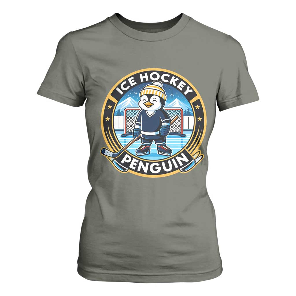 Funny Penguin Hockey Player T Shirt For Women Sports Fan Gift TS12 Military Green Print Your Wear