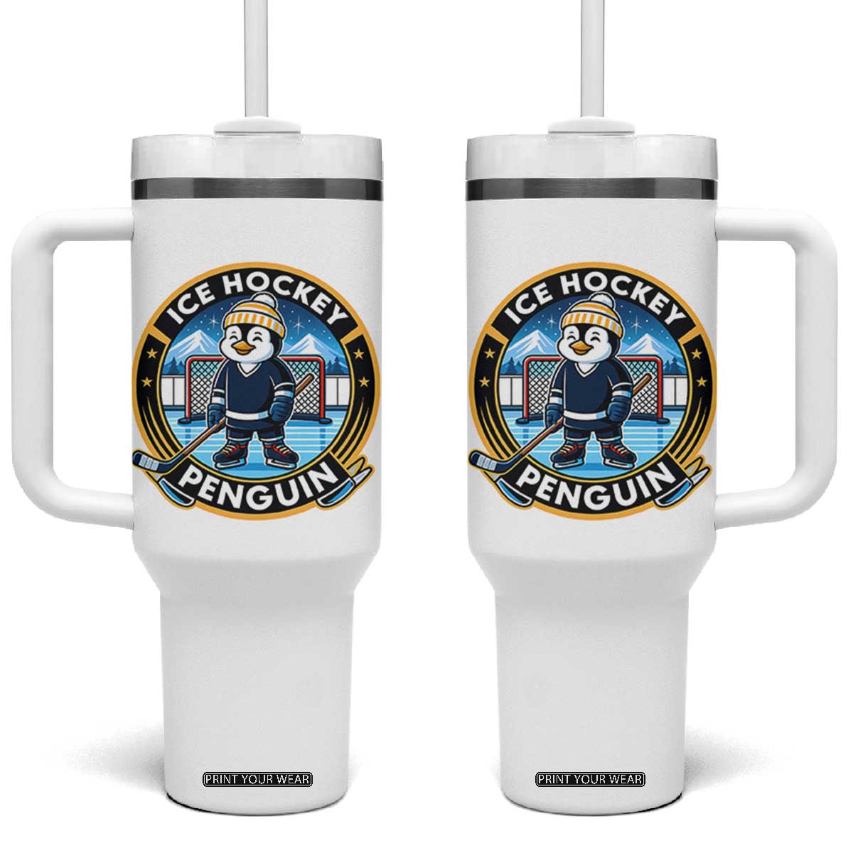 Funny Penguin Hockey Player Tumbler With Handle Sports Fan Gift TS12 One Size: 40 oz White Print Your Wear